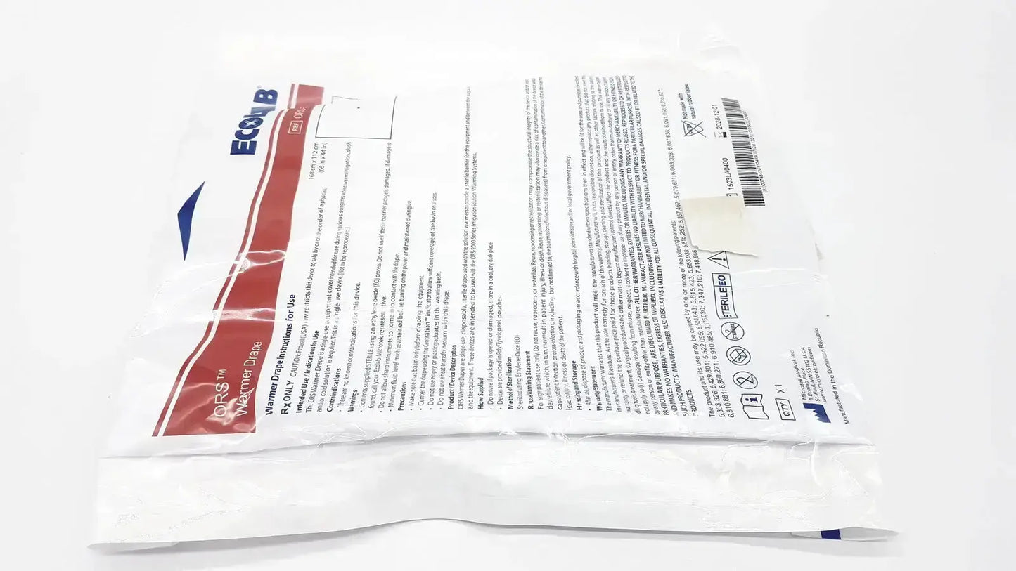 White plastic package with red and blue ecobag branding for ecolab ors-300 warmer drape exp medical gloves 2028