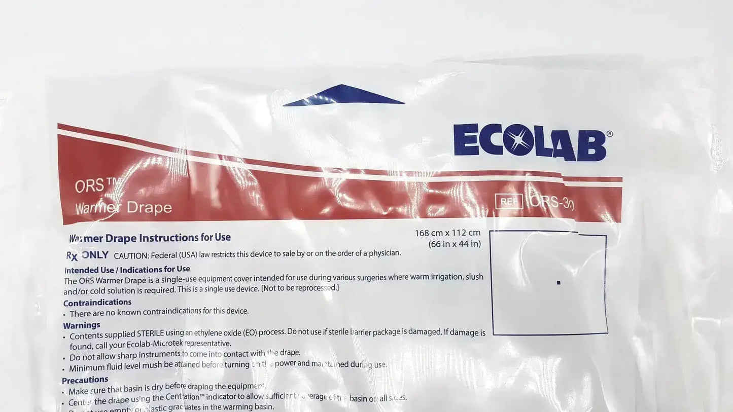 Ecolab ors-300 warmer drape exp sterile medical device in clear plastic packaging with red and white labeling