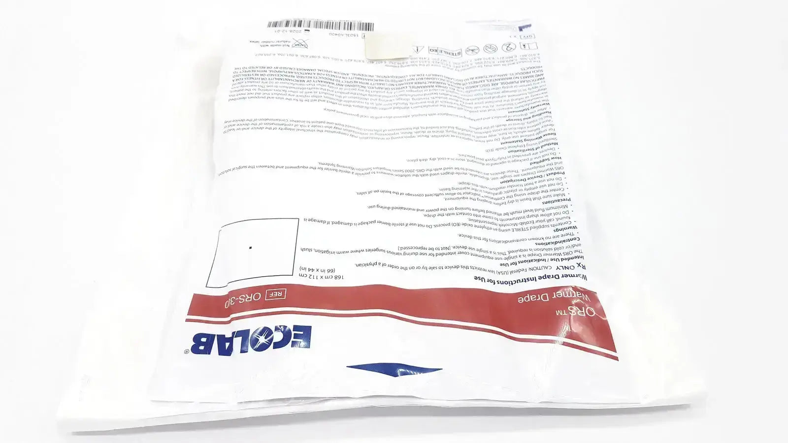 White plastic packaging with red and blue branding for ecolab ors-30 oral rehydration solution warmer drape exp 2028