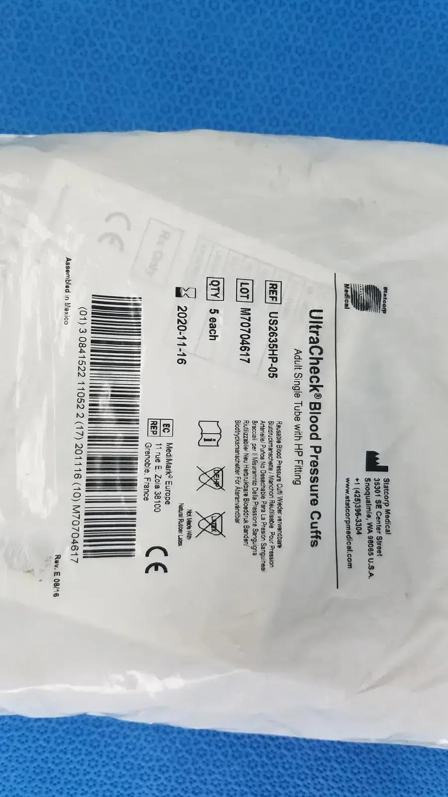 White plastic package containing ultracheck blood pressure cuffs for Edan vital signs monitor devices