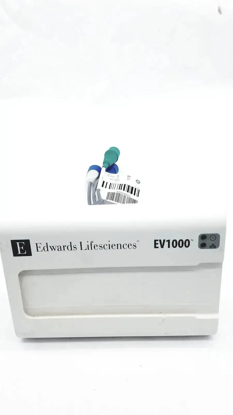 White plastic box labeled edwards lifesciences ev1000 with a small medical device and cables on top lifesciences ev1000 databox