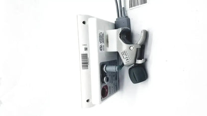 White plastic wall-mounted edwards lifesciences ev1000 databox with gray clamp and black handle for medical use