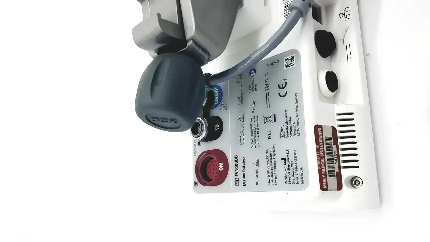 White edwards lifesciences ev1000 databox with gray and black components featuring red on button and multiple ports
