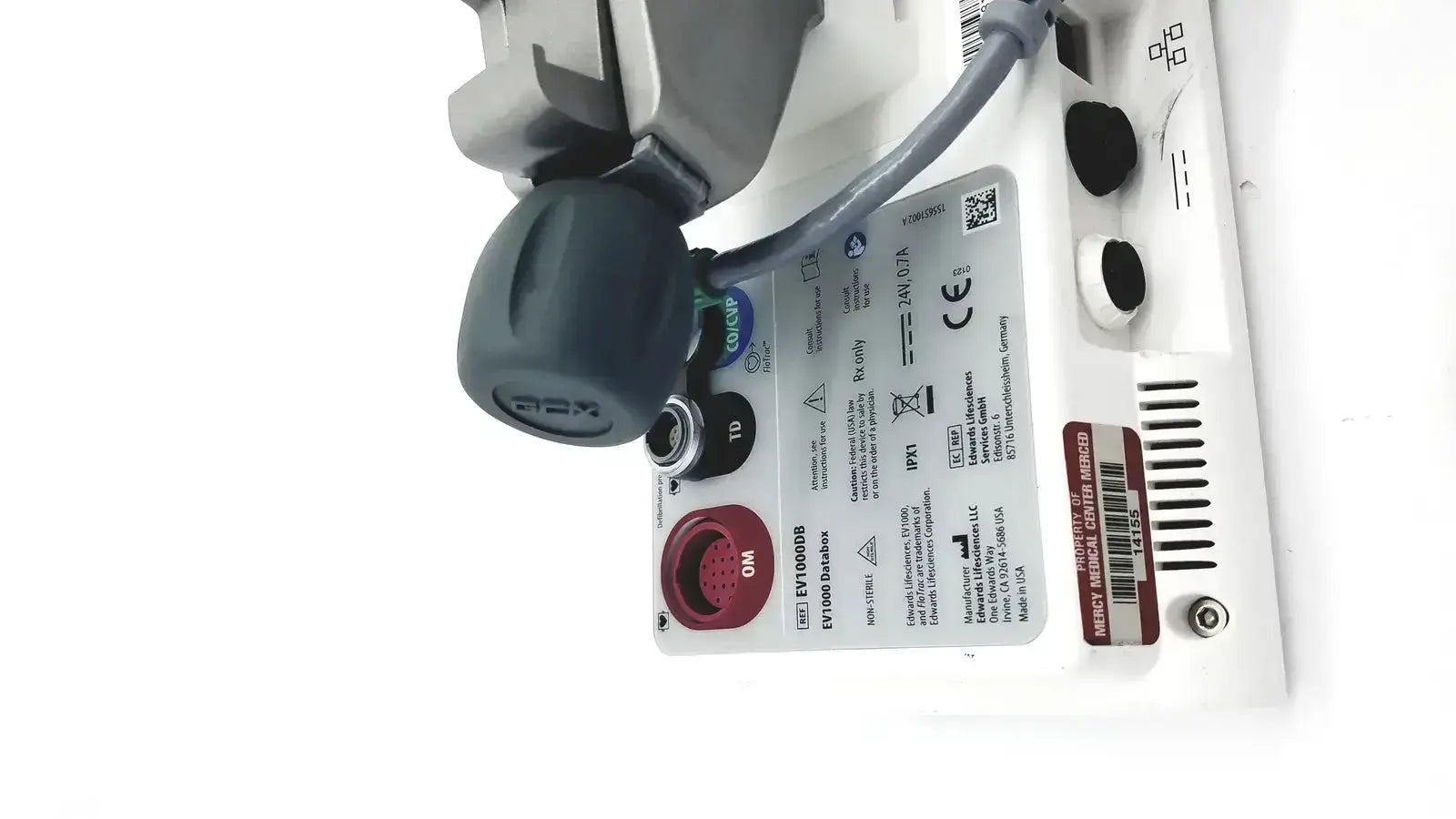 White edwards lifesciences ev1000 databox with gray and black components featuring red on button and multiple ports