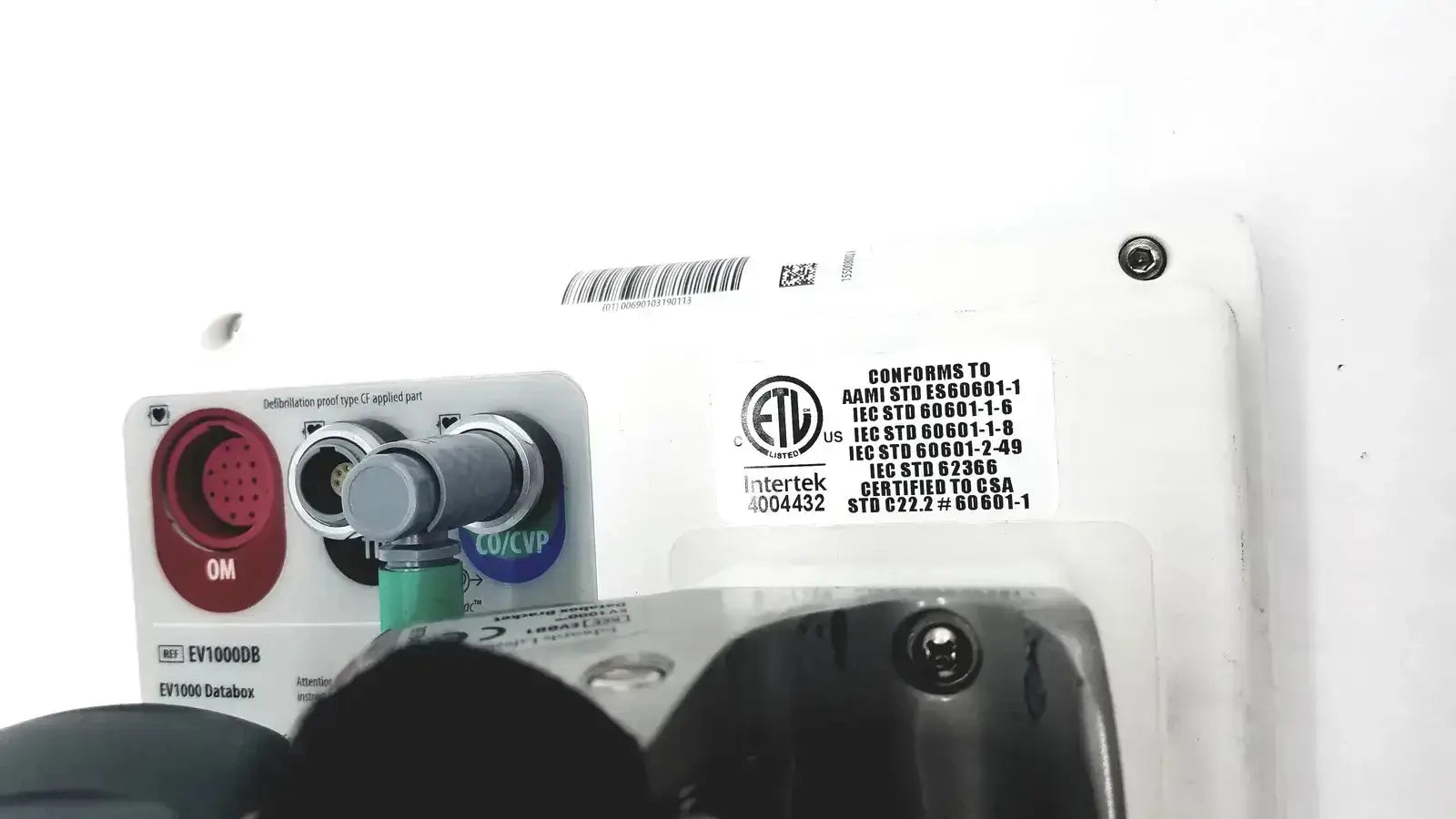 White plastic industrial control panel with red and blue buttons and connectors on edwards lifesciences ev1000 databox