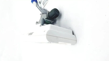 White plastic edwards lifesciences ev1000 databox with gray metallic clamp cables and black knob featuring barcode label