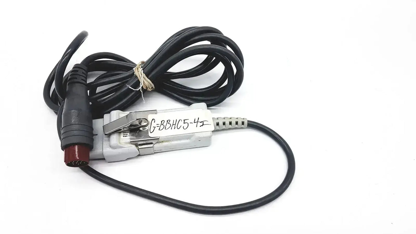 Black coiled edwards lifesciences om2 oximetry optical module cable with gray and red connector labeled g-bbhc5-4e