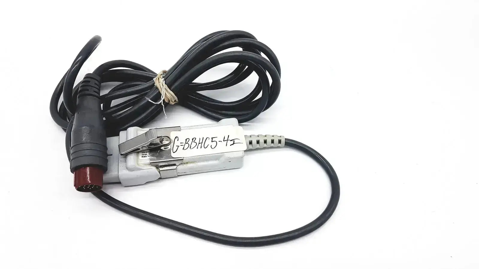 Black coiled edwards lifesciences om2 oximetry optical module cable with gray and red connector labeled g-bbhc5-4e