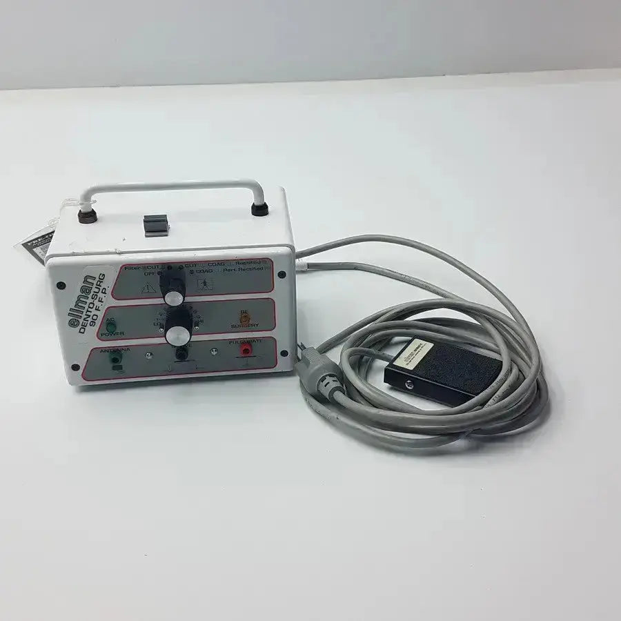 White ellman dento surg 90 ffp unit with black knobs red indicators handle and gray coiled cable patient ready