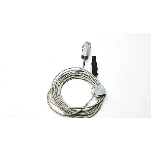 Silver coiled cable with metallic connectors and a gray fabric tie.