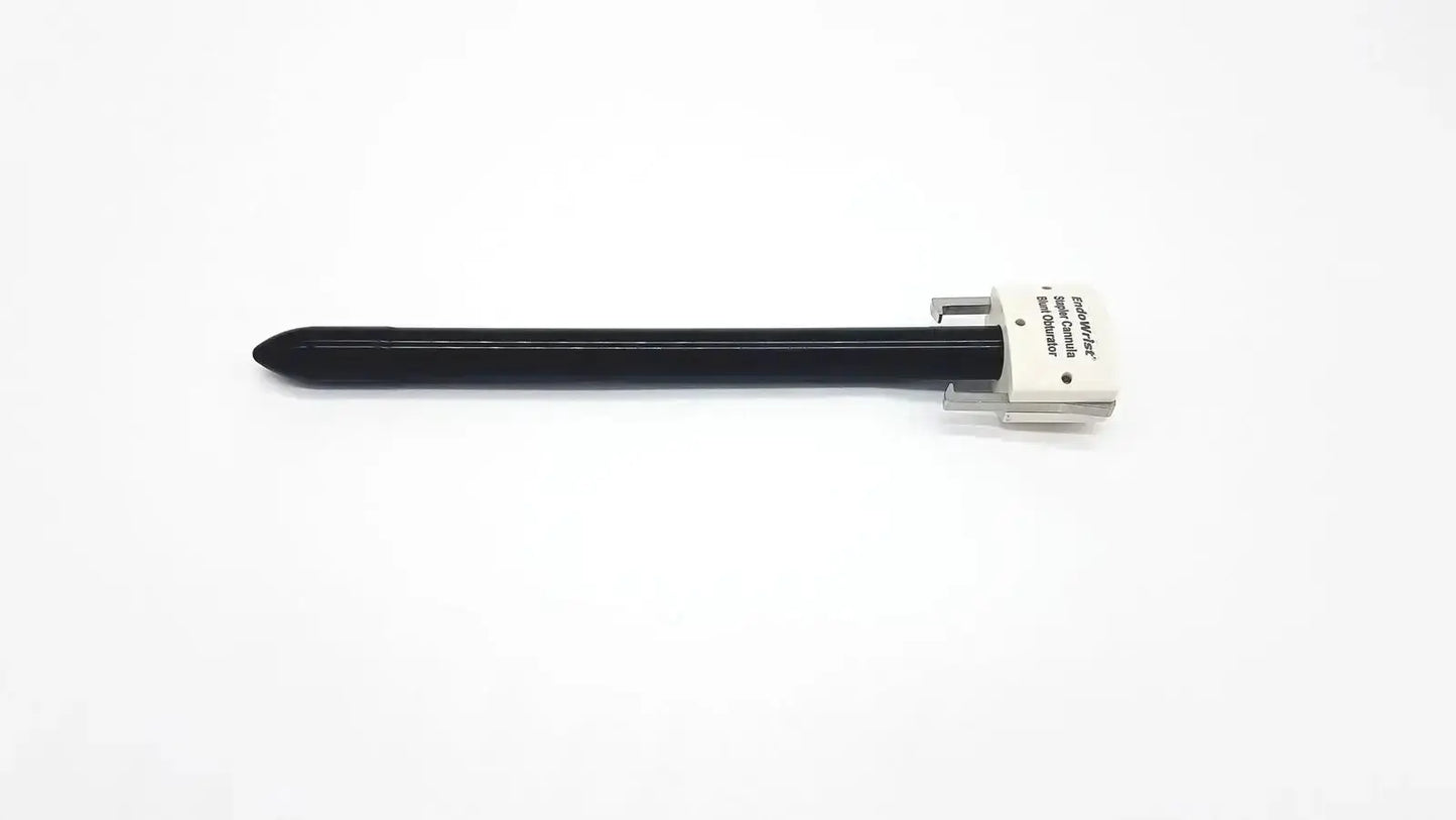 Endowrist stapler cannula blunt obturator featuring a black surgical suture needle with white plastic handle and metal clasp