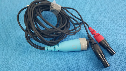 Black coiled catheter connector cable with light blue and gray housing and red capped bncs for reuse medical equipment