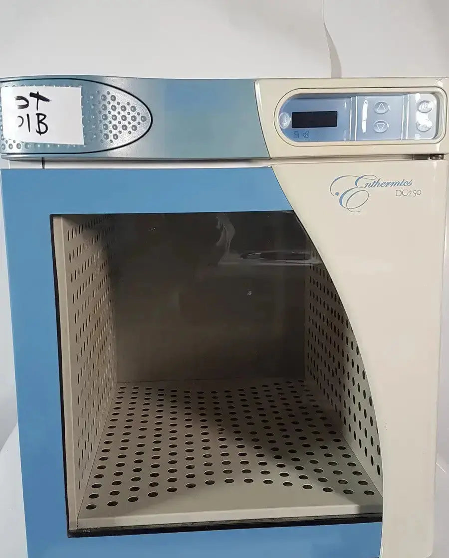Beige and blue enthermios dc250 blanket warming cabinet with perforated interior shelves for efficient blanket warming
