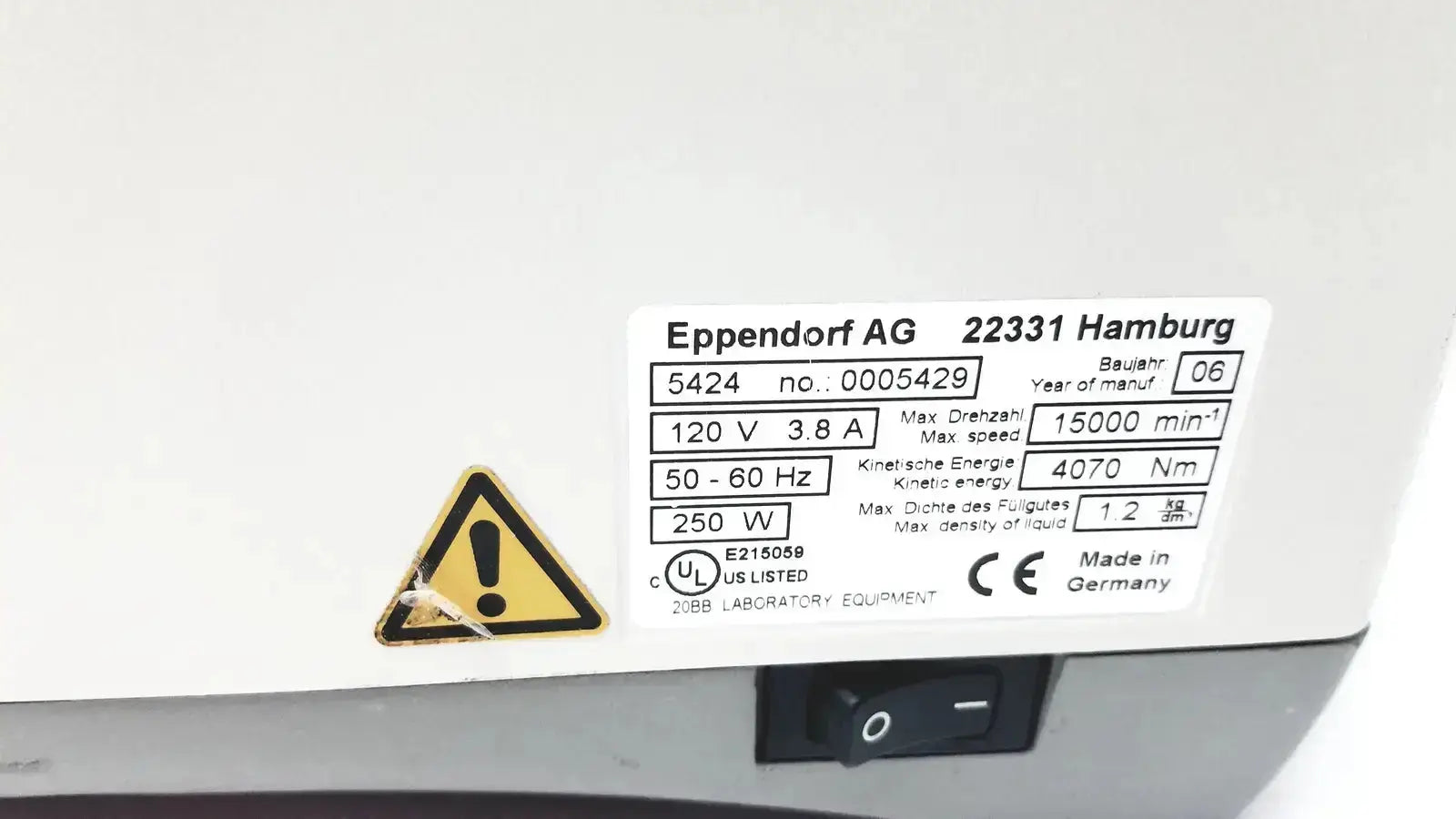 White eppendorf 5424 centrifuge with technical specifications label for parts ideal for buying used medical equipment