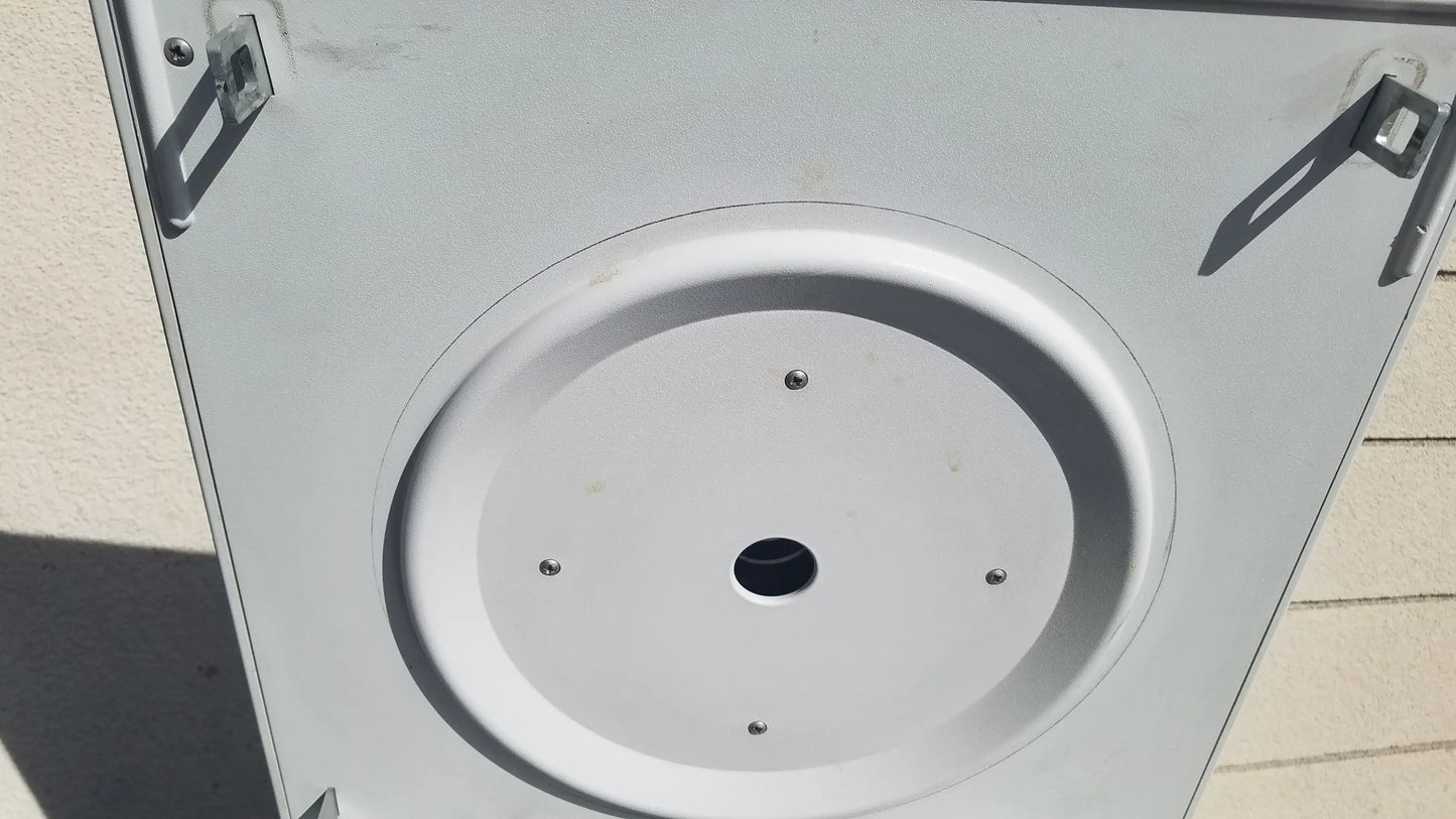 Silver circular mounting plate with four screws for central hole on eppendorf 5804 refrigerated benchtop centrifuge back side used medical equipment for sale