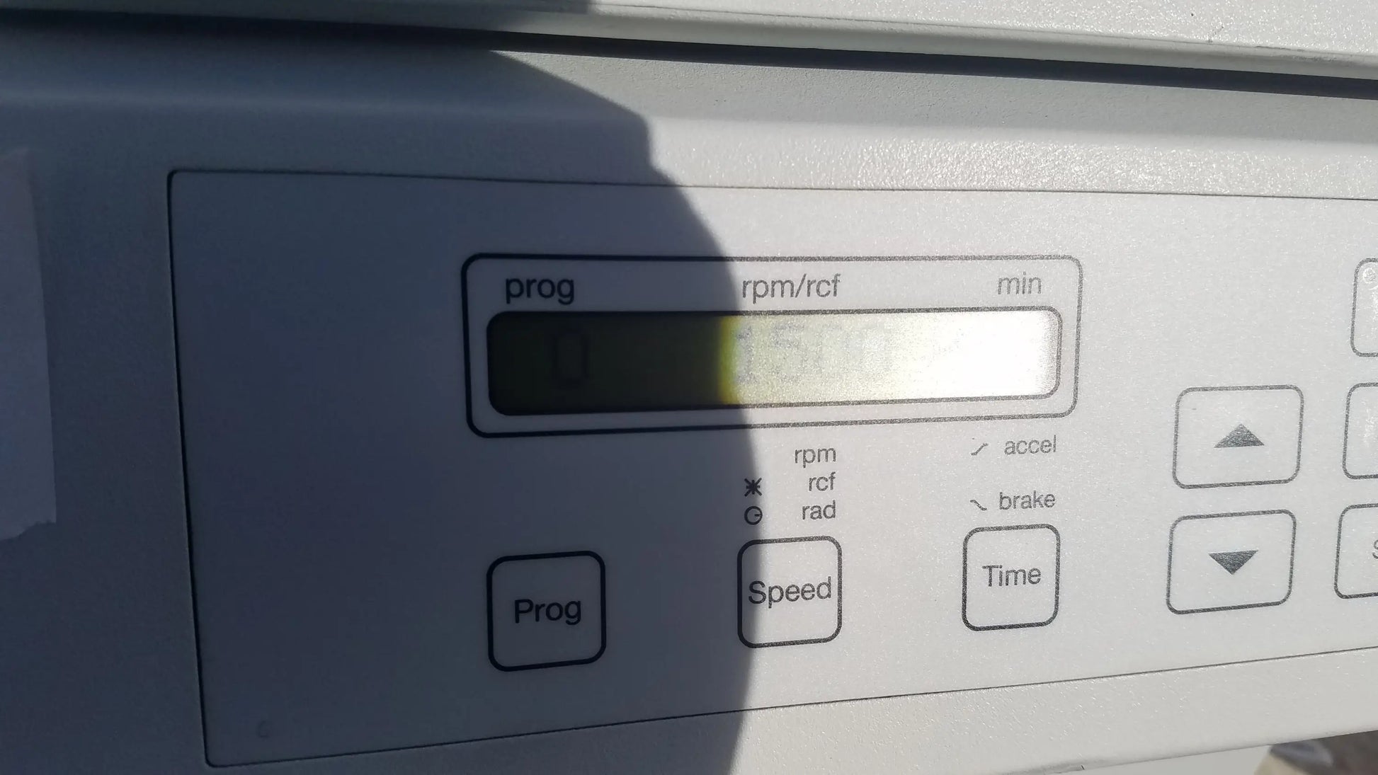 White control panel with digital display and labeled buttons on eppendorf 5804 refrigerated benchtop centrifuge for buy used medical equipment