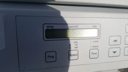 White control panel with digital display and labeled buttons on eppendorf 5804 refrigerated benchtop centrifuge for buy used medical equipment