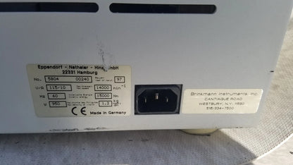 White eppendorf 5804 refrigerated benchtop centrifuge back view with black power port for buy used medical equipment sale