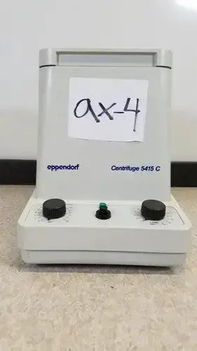 White plastic eppendorf centrifuge 5415c with black knobs and green button for laboratory use