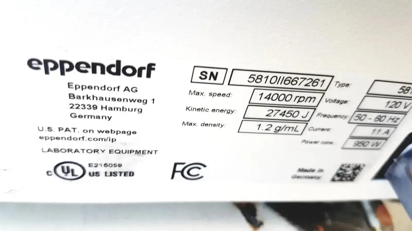 White labeled technical specifications on the back of an eppendorf centrifuge 5810 for hospital surplus use by biomedical technicians