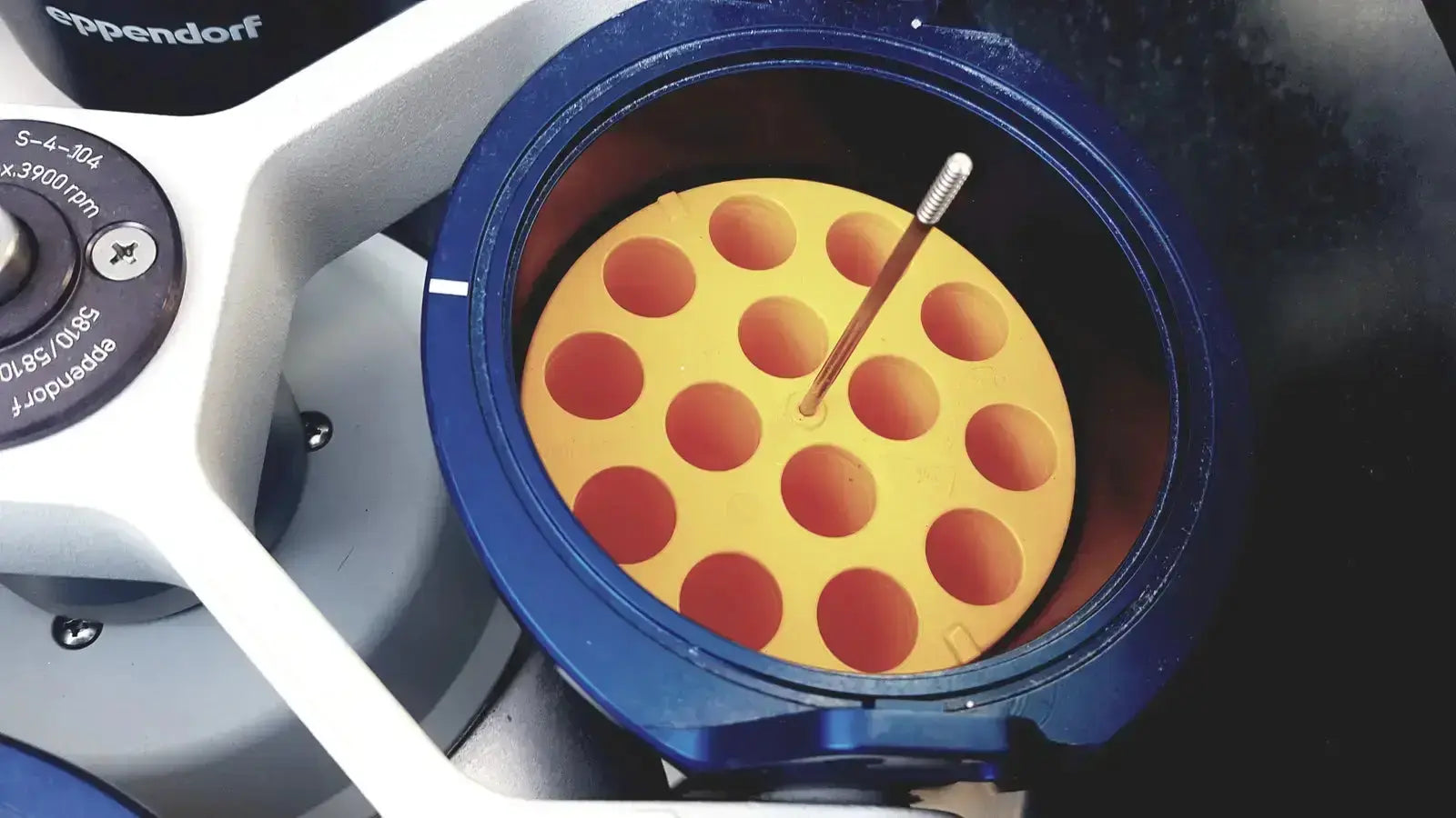 Yellow plastic sample tray with circular wells and metal rod for eppendorf centrifuge 5810 used by biomedical technicians