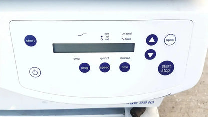 White eppendorf centrifuge 5810 control panel with blue buttons and digital display for hospital surplus use by biomedical technicians