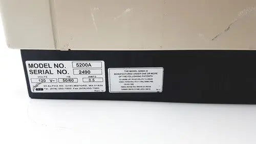 Black rectangular label on the back of esa coulochem II lab electrochemical detector 5200a showing model 5200a detector details