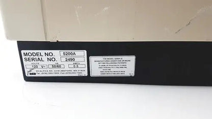 Black rectangular label on the back of esa coulochem II lab electrochemical detector 5200a showing model 5200a detector details