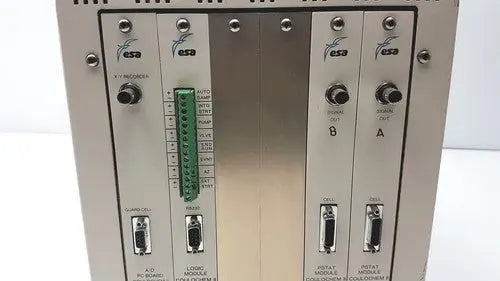Silver metallic esa 5200a detector control panel with green terminal block and black connectors for electrochemical use