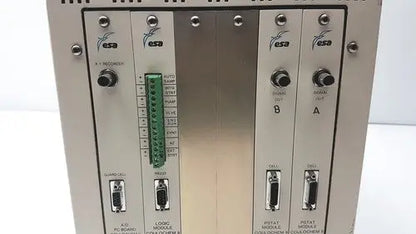 Silver metallic esa 5200a detector control panel with green terminal block and black connectors for electrochemical use