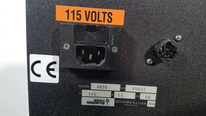 Back side of excellent spex 6850 freezer mill power input panel with orange 115 volts label for biomedical evaluation