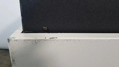 Black textured top panel mounted on white painted base with chipped paint and screw fastener on excellent spex 6850 freezer mill