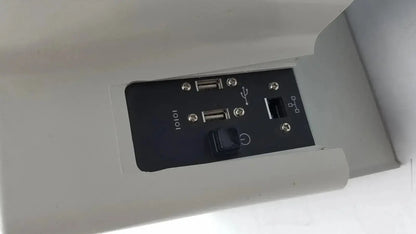 Back side of eyecon by gse mode 9400 hospital surplus pill counter with black usb and ethernet ports in gray housing