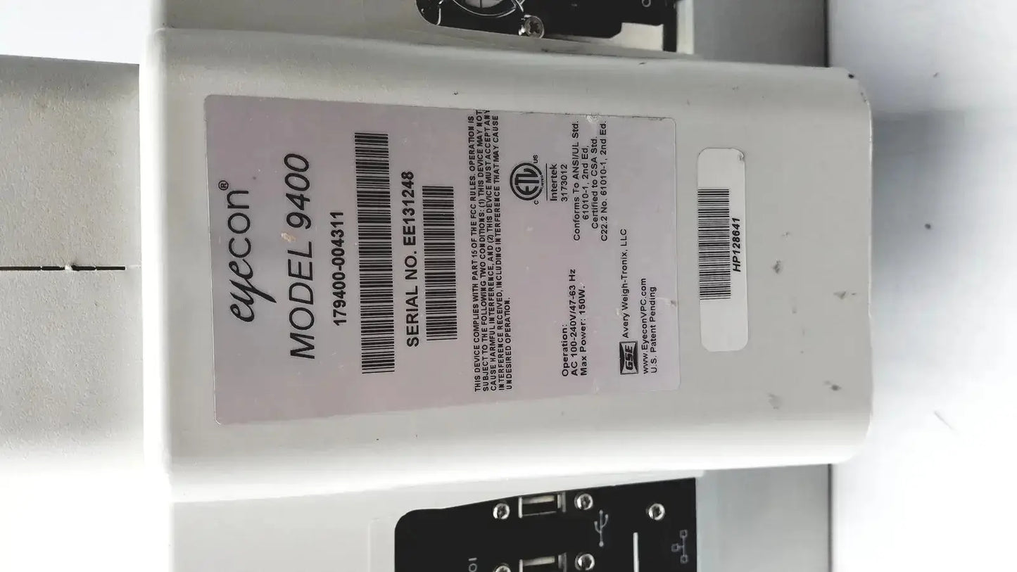 White plastic eyecon gse mode 9400 industrial scale with barcode and label for hospital surplus pill counter use