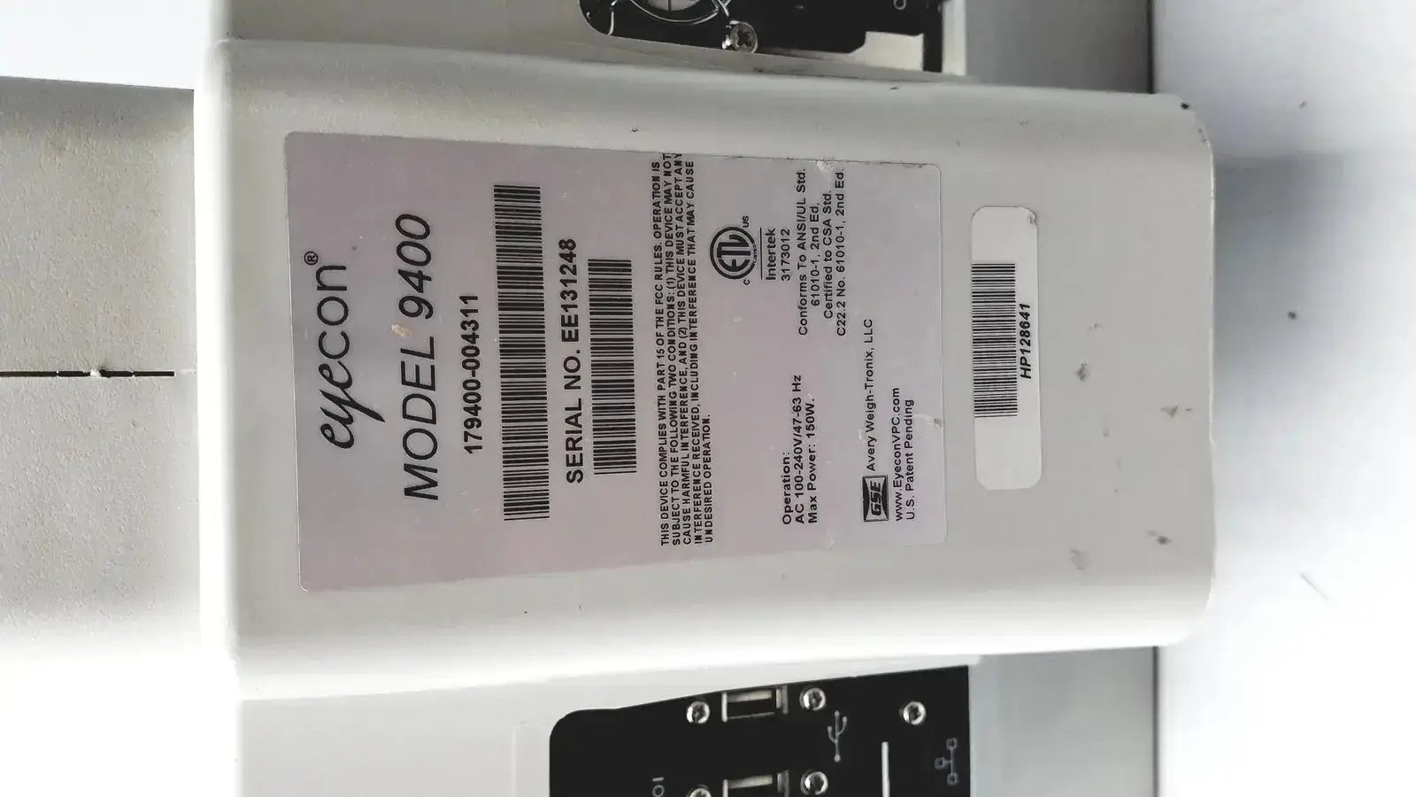White plastic eyecon gse mode 9400 industrial scale with barcode and label for hospital surplus pill counter use
