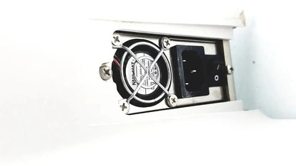 Silver-framed cooling fan with black blades in white housing of eyecon gse model 9400 used medical equipment for sale