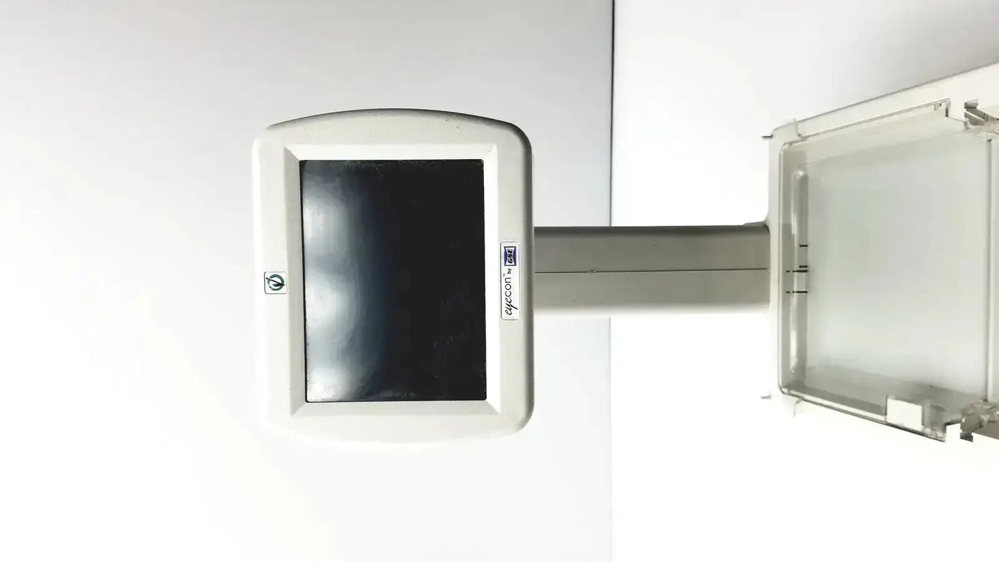 White rectangular touchscreen monitor mounted on metallic arm with epicor branding gse model eyecon 9400 used medical equipment for sale