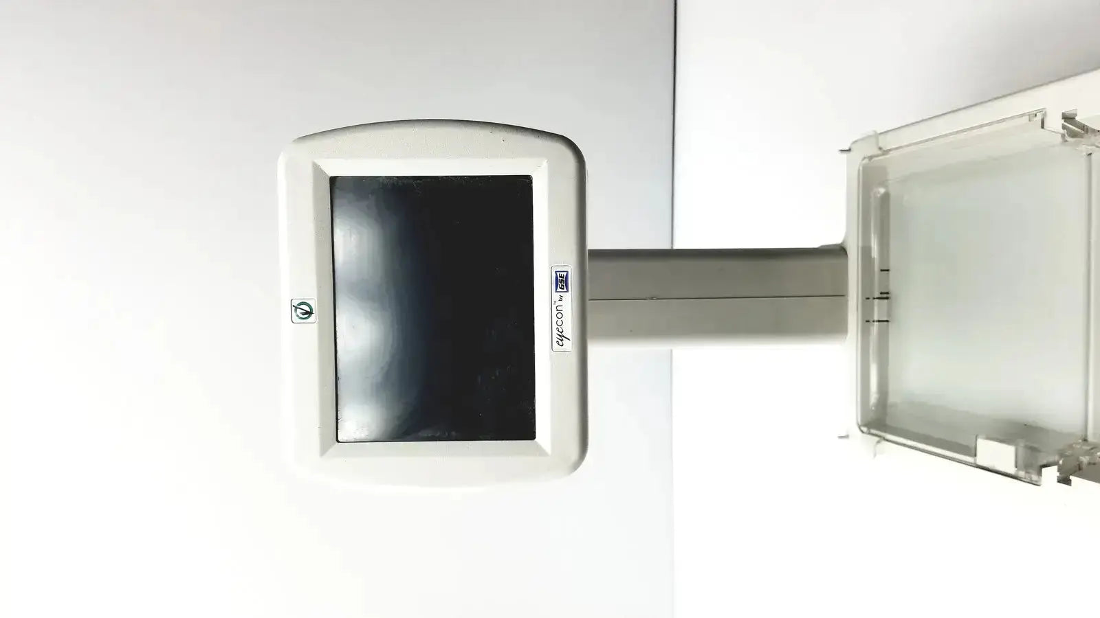 White rectangular touchscreen monitor mounted on metallic arm with epicor branding gse model eyecon 9400 used medical equipment for sale