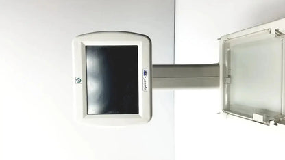 White rectangular touchscreen monitor mounted on metallic arm with epicor branding gse model eyecon 9400 used medical equipment for sale