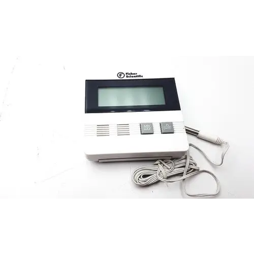 White fisher scientific digital thermometer with a black display screen and gray buttons, featuring an attached sensor cable.