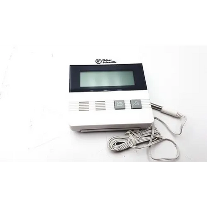 White fisher scientific digital thermometer with a black display screen and gray buttons, featuring an attached sensor cable.
