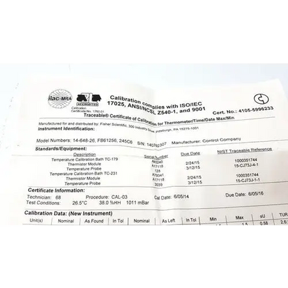 Calibration certificate for a fisher scientific thermometer with black text on white paper.