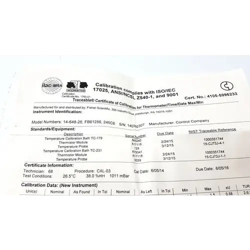 Calibration certificate for a fisher scientific thermometer with black text on white paper.