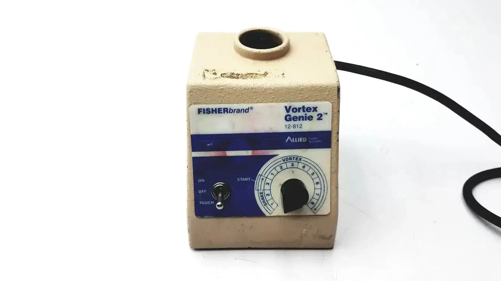 Beige fisher scientific vortex genie 2 vortexer mixer shaker with blue white label and black rotary dial power switch