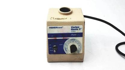 Beige fisher scientific vortex genie 2 vortexer mixer shaker with blue white label and black rotary dial power switch