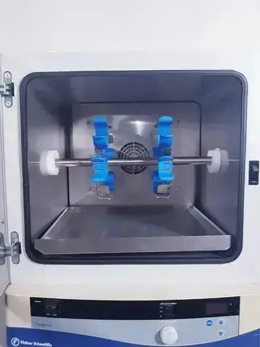 Fisher Scientific isotemp hybridization rotisserie incubator white and blue with transparent door and metal rod clamps incubator cat 13-247-20