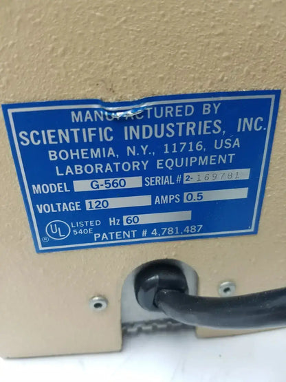 Blue label on beige fisher scientific vortex genie 2 mixer shaker highlighting scientific industries g-560 model details