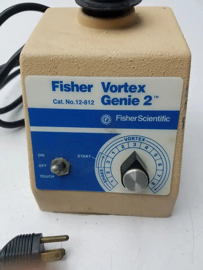 Beige fisher scientific vortex genie 2 mixer shaker with blue control panel silver dial and toggle switch for lab use