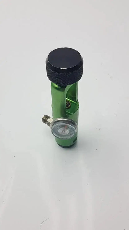 Green aluminum flotec mri compatible oxygen regulator with black knurled top and silver pressure gauge for safe use