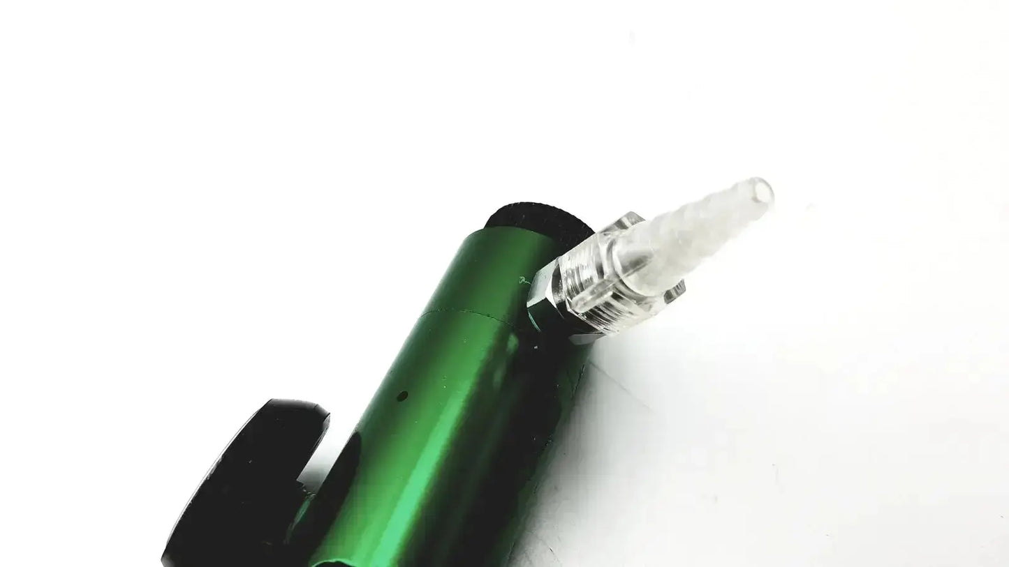 Green metallic vape pen with clear glass mouthpiece and black accents featured with flotec rr803-310p2 oxygen regulator